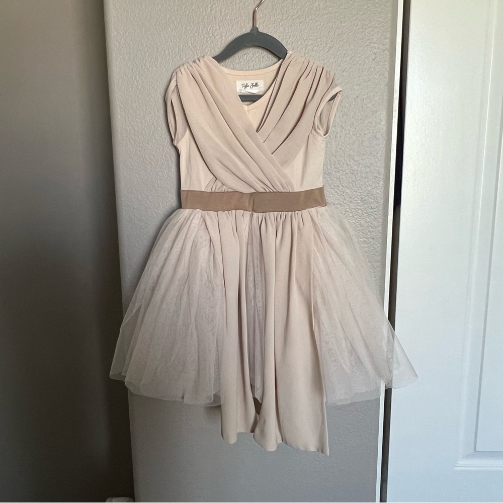 Girls Cream Tulle Party Dress with Tan Waistband